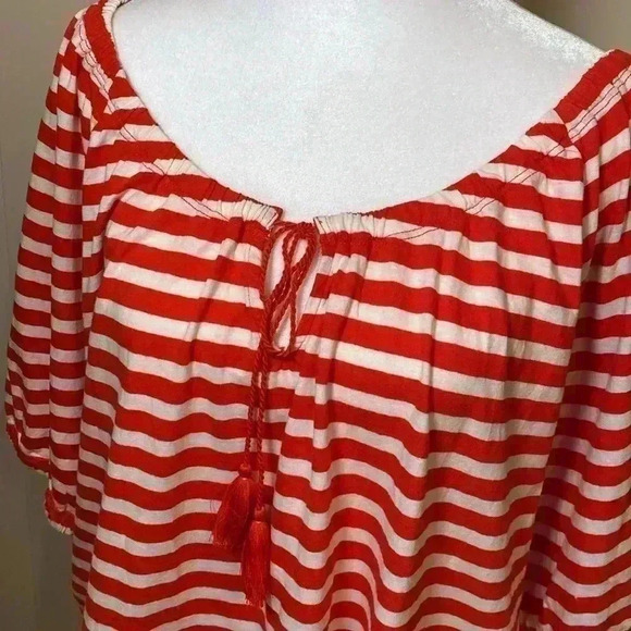 J Crew Red & White Striped Short Sleeve Shirt with Tassels in Size Large. - Picture 2 of 11